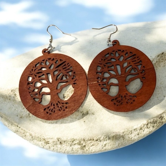 Bohemian Jewelry - Intricate Tree Design Boho Wooden Earrings